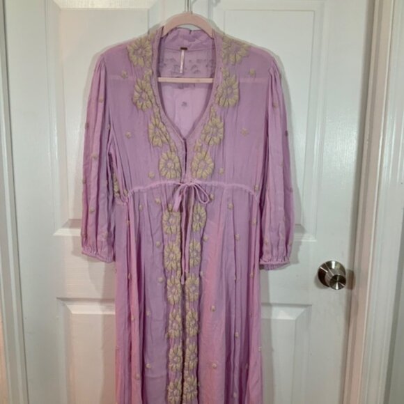 FREE PEOPLE EMBROIDERED PURPLE FLORAL BOHO LONG SLEEVE MAXI DRESS SIZE SMALL - Picture 2 of 12